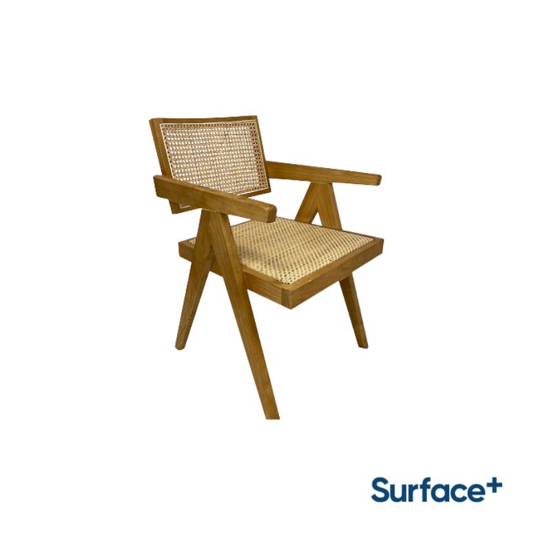 Harlow Elm Wood Arm Chair with Open Woven Rattan Backrest and Close Woven Rattan Seat